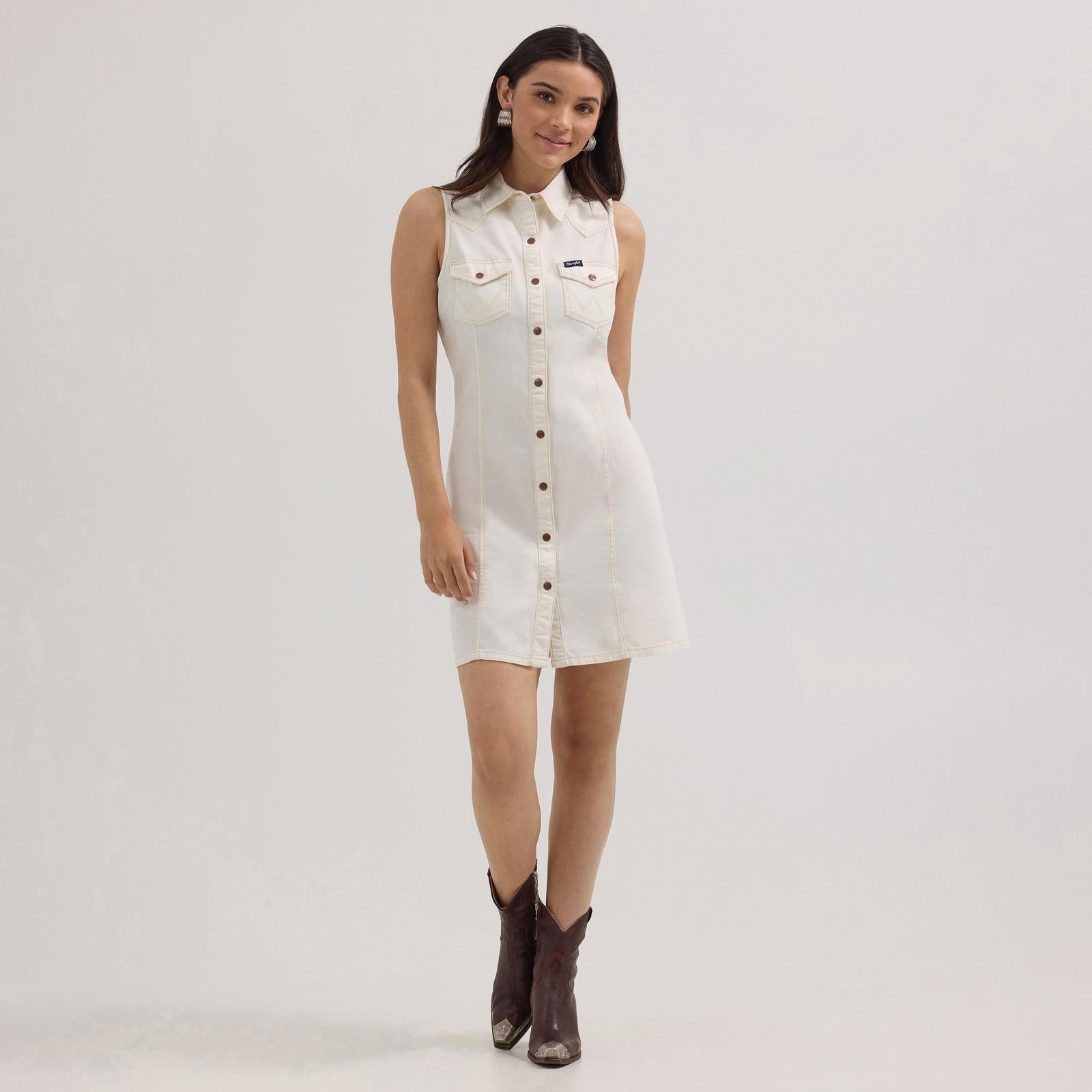 Wrangler Western Women's Sleeveless White Denim Snap Dress Coram's Clothing and Boots Wrangler Western Women's Sleeveless White Denim Snap Dress Coram's Clothing and Boots
