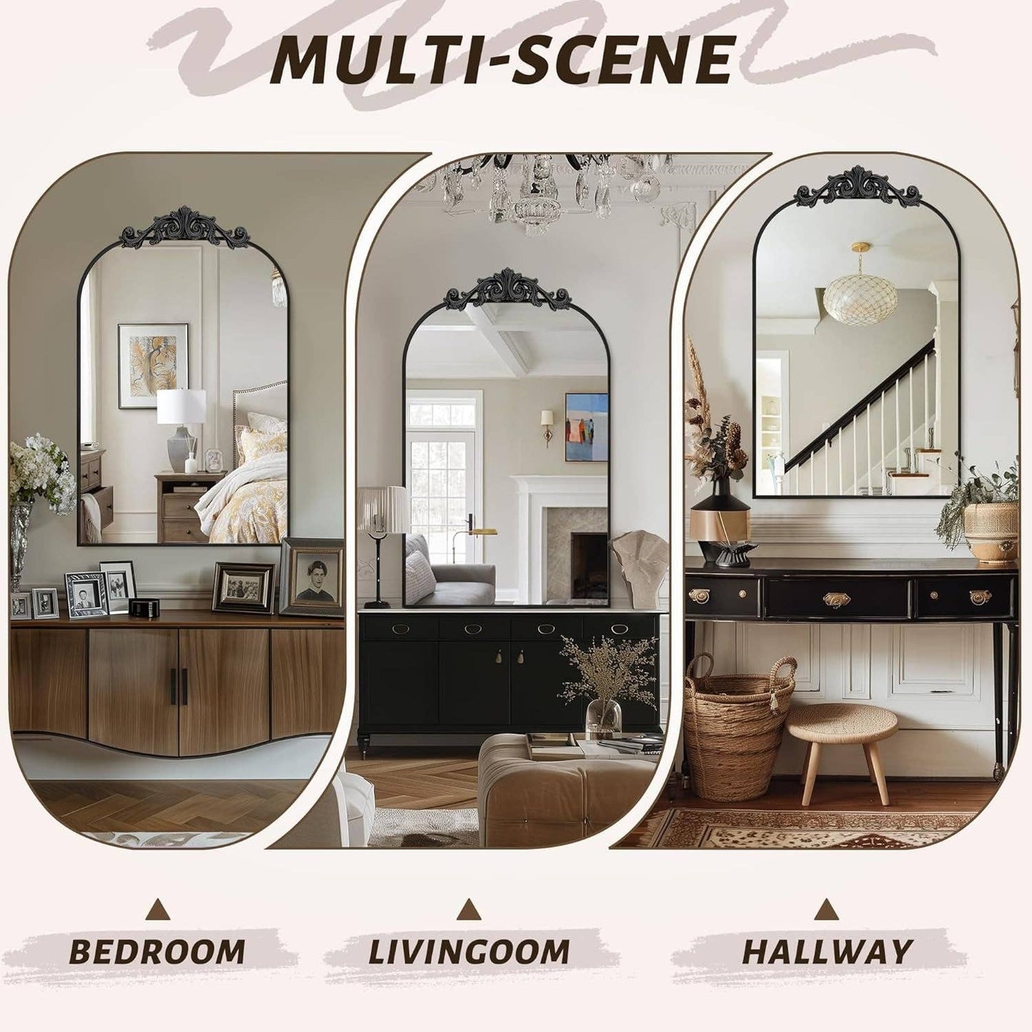ShipItFurniture - Arched Wall Mirror, Vintage Black Metal Frame Design