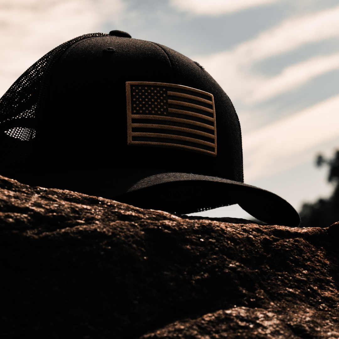 Range Leather Co. - American Flag Hat - Leather Patch Trucker Snapback