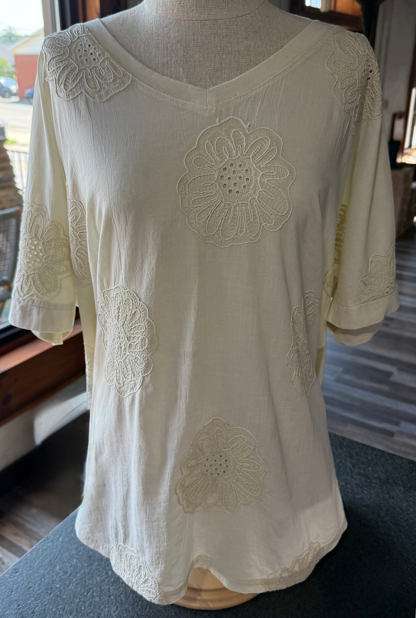 Easel Flower Embroidered Eyelet Washed Top
