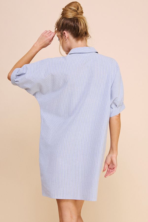 Allie Rose Striped Cotton Blend Breezy Shirt Dress With Pockets