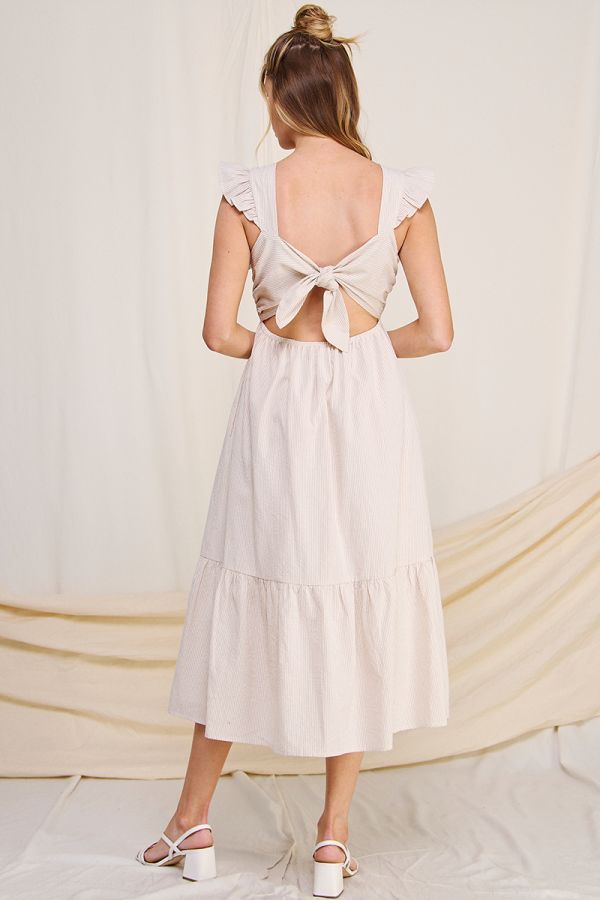 Allie Rose Striped Cotton V Neck Back Tie Maxi Dress With Pockets