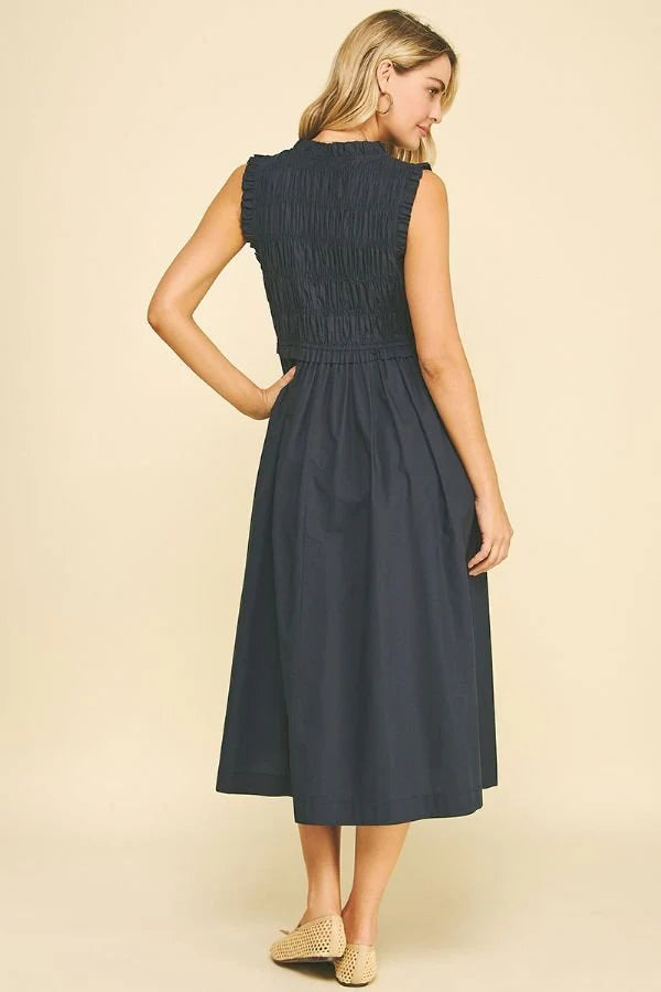Pinch Front Tie Smocking Midi Dress
