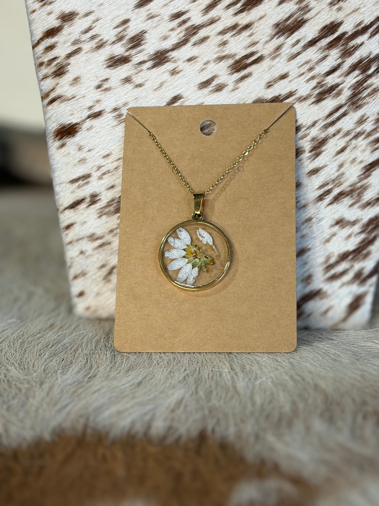 Gold Stainless Resin Pressed Flower Necklace