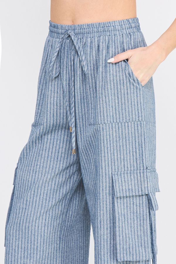 Allie Rose Striped Elastic Wide Leg Cargo Pants