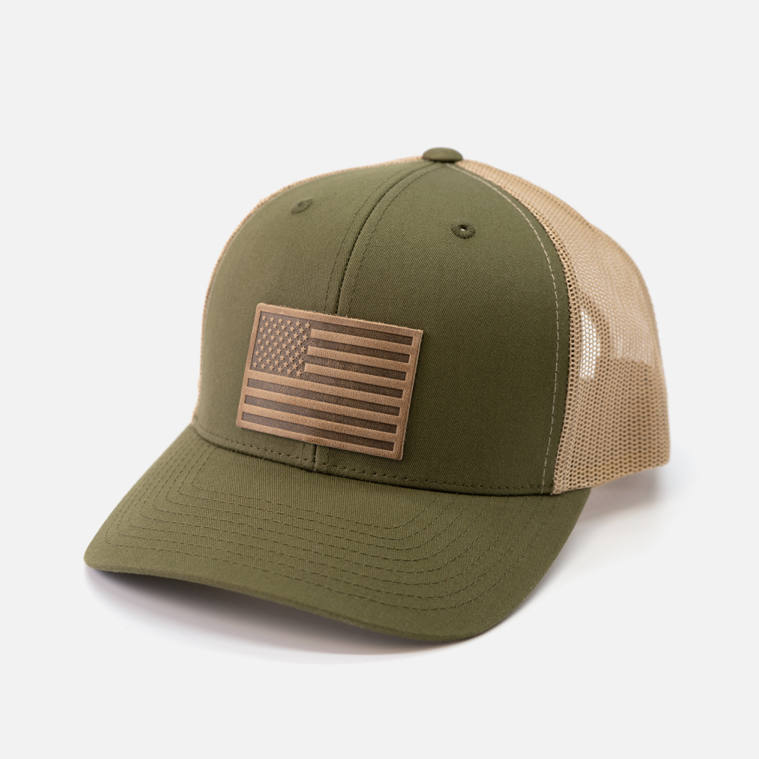 Range Leather Co. - American Flag Hat - Leather Patch Trucker Snapback