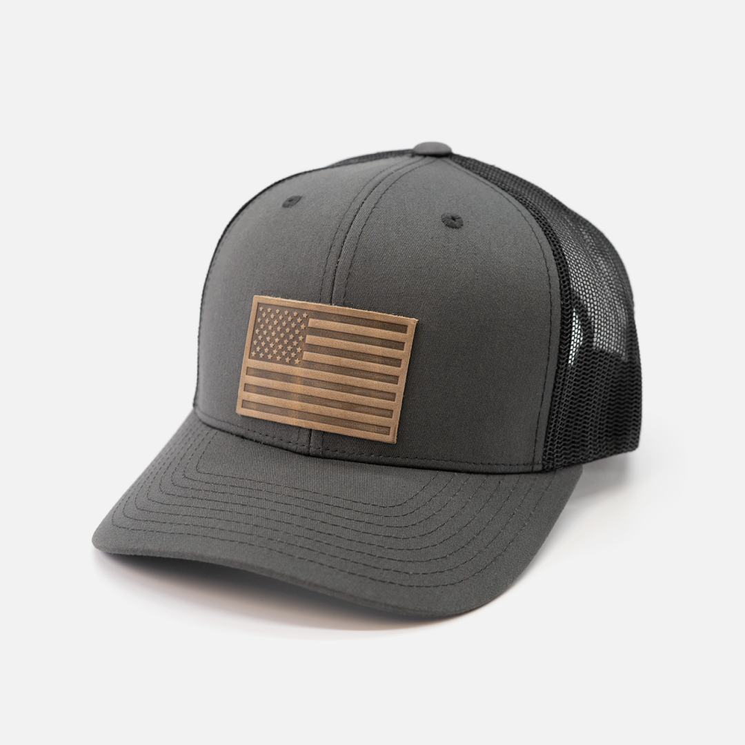 Range Leather Co. - American Flag Hat - Leather Patch Trucker Snapback