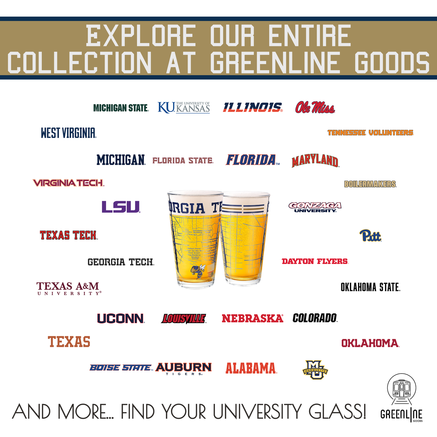 Greenline Goods - Georgia Tech Pint Glasses - Georgia Tech Buzz Logo & Campus Map Georgia Institute of Technology College Grads and Alumni (Set of 2)