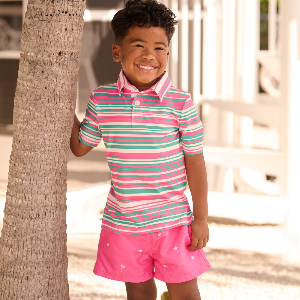Sugar Bee Clothing - Boys Summer Shirt - Davis Pocket Polo - Palm Spring Stripe