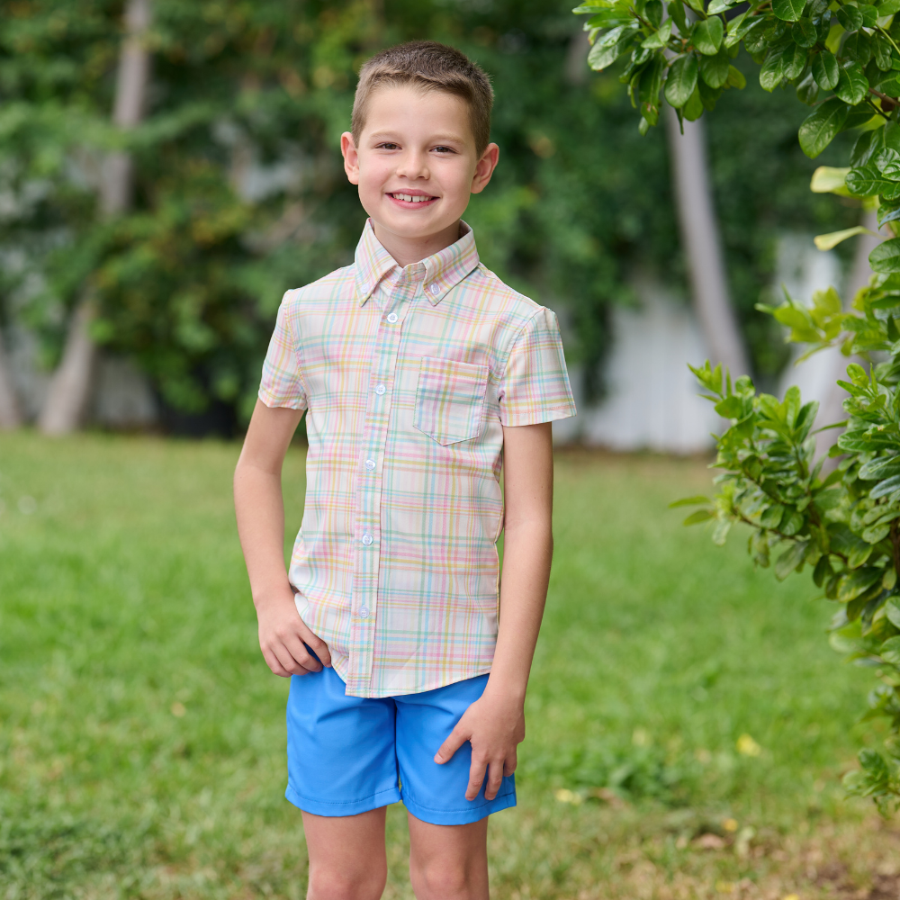 Sugar Bee Clothing - Boys Spring Short Sleeve Button Down - Henry Easter Plaid
