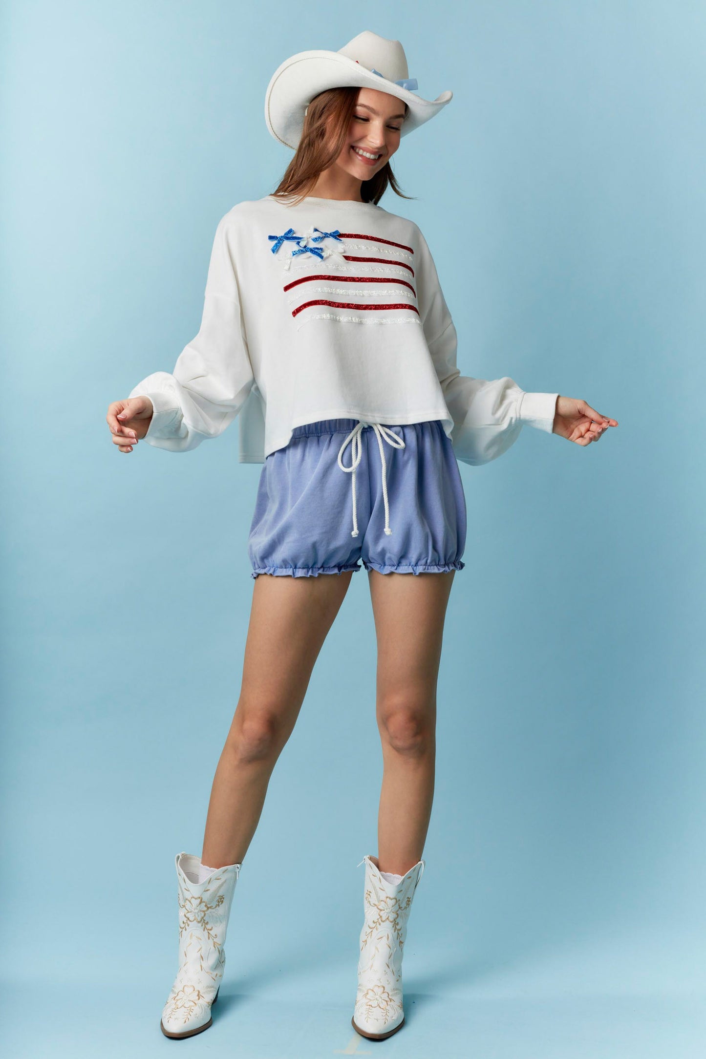 Peach Love Crew Neck Flag Sparkle Trim Crop Sweatshirt