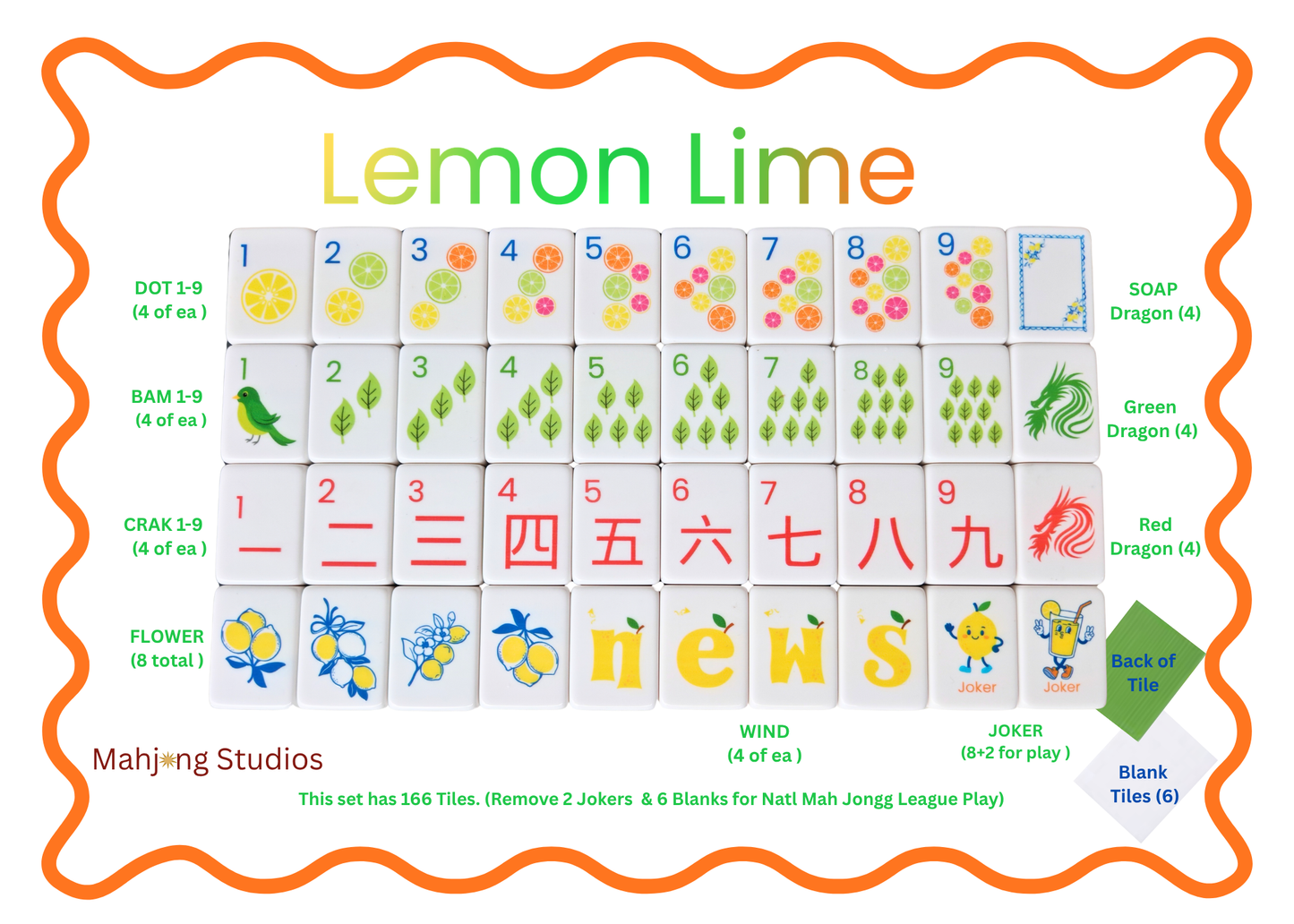 Mahjong Studios - Mahjong Studios – American Mahjong Tiles - Lemon Lime Green Back