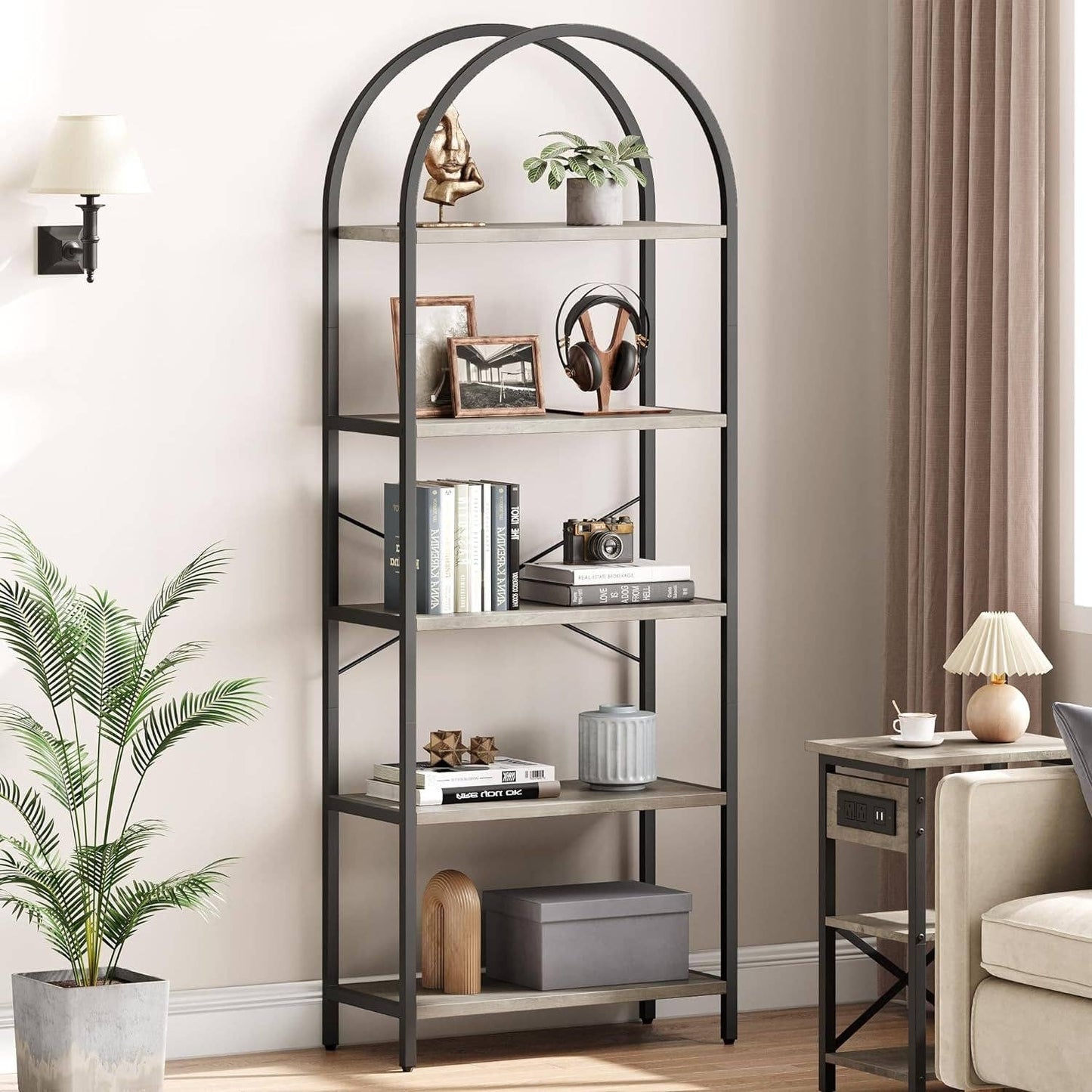 ShipItFurniture - Bookshelf 5 Tier Bookcase Arched Display Racks Tall Standing Bookshelves Metal Frame Modern Storage Rack Shelf Large Wood Book Shelf for Bedroom, Living Room, Home Office
