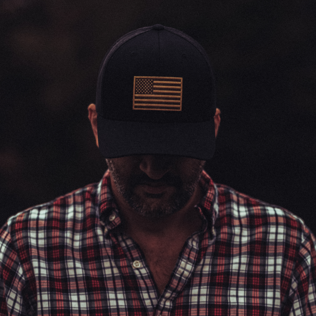 Range Leather Co. - American Flag Hat - Leather Patch Trucker Snapback