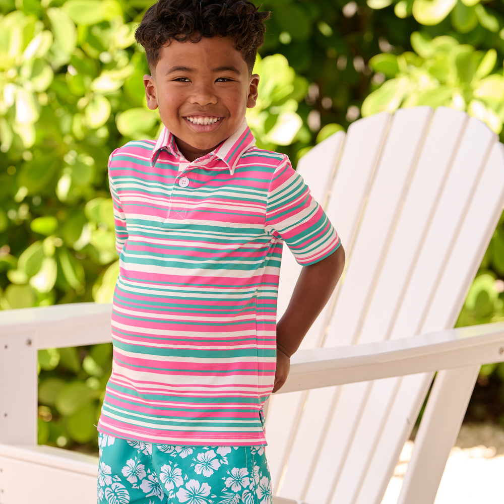 Sugar Bee Clothing - Boys Summer Shirt - Davis Pocket Polo - Palm Spring Stripe