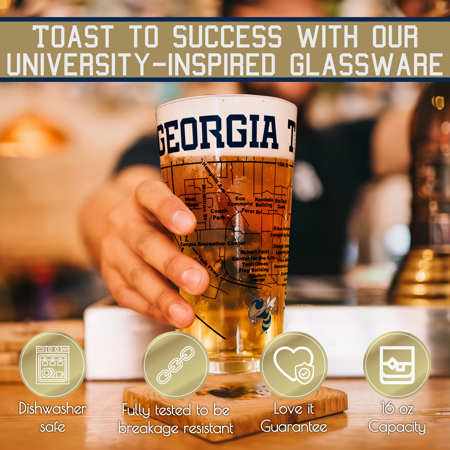 Greenline Goods - Georgia Tech Pint Glasses - Georgia Tech Buzz Logo & Campus Map Georgia Institute of Technology College Grads and Alumni (Set of 2)