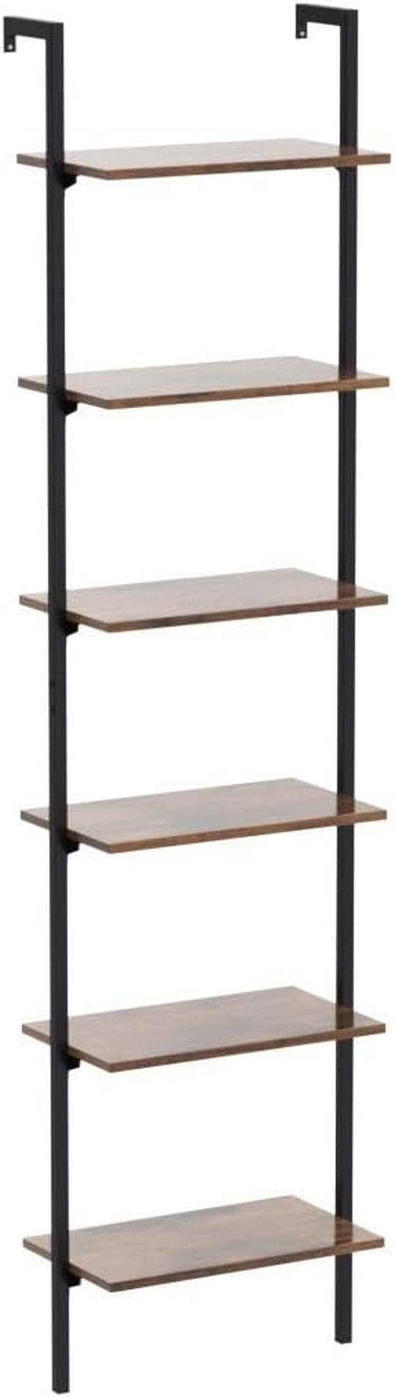 ShipItFurniture - 6-Tier Ladder Shelf, 87 Inches Wall Mounted Ladder Bookshelf with Metal Frame, Open Industrial Shelves for Home Office, Bedroom and Living Room, Rustic Brown