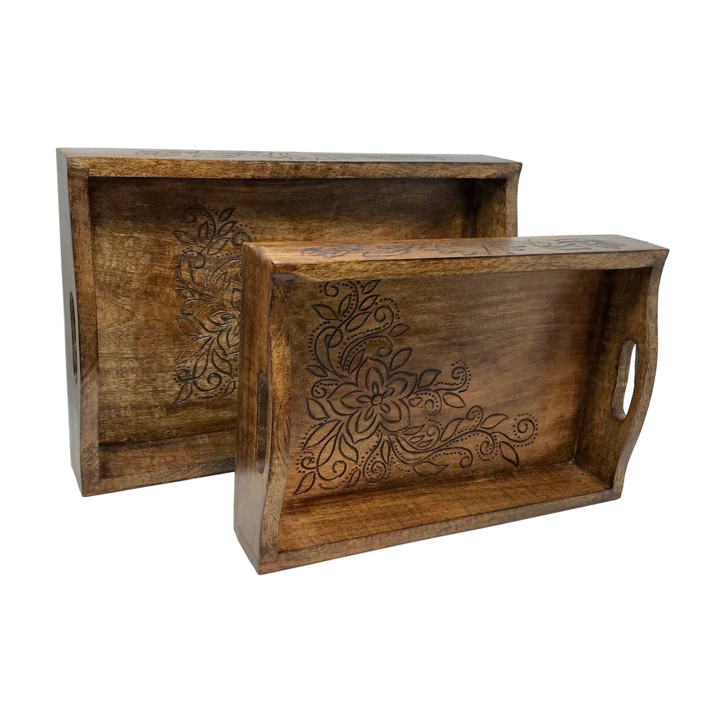 Wilco Home - Set of 2 Holiday Bouquet Hand-Carved Wood Serving Trays
