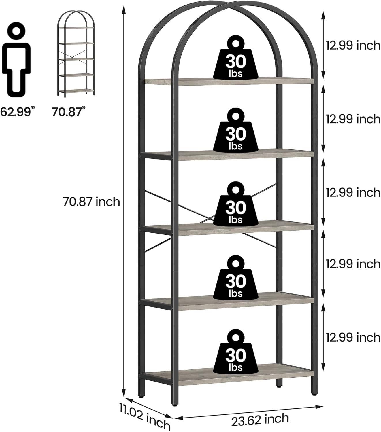 ShipItFurniture - Bookshelf 5 Tier Bookcase Arched Display Racks Tall Standing Bookshelves Metal Frame Modern Storage Rack Shelf Large Wood Book Shelf for Bedroom, Living Room, Home Office