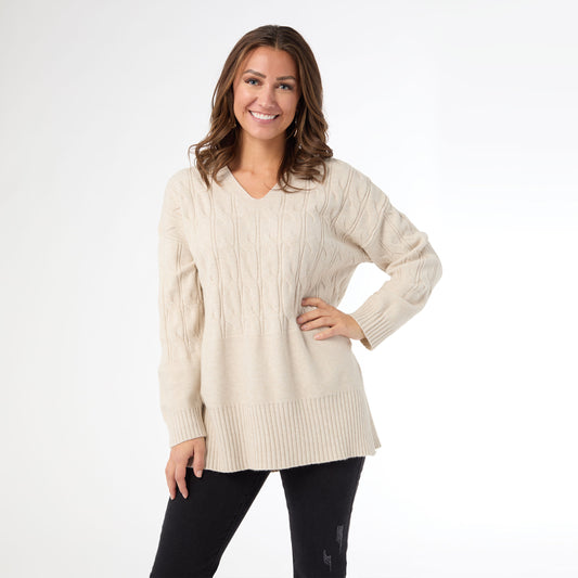 S/M - Heavenly-Luxe V Neck Cable Sweater with...