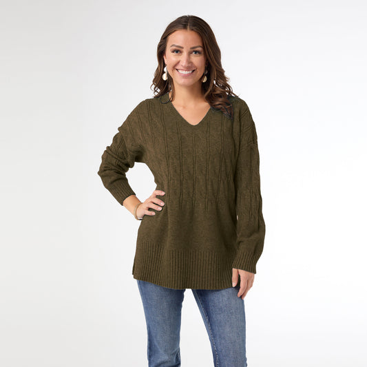 S/M Heavenly-Luxe V Neck Cable Sweater with...