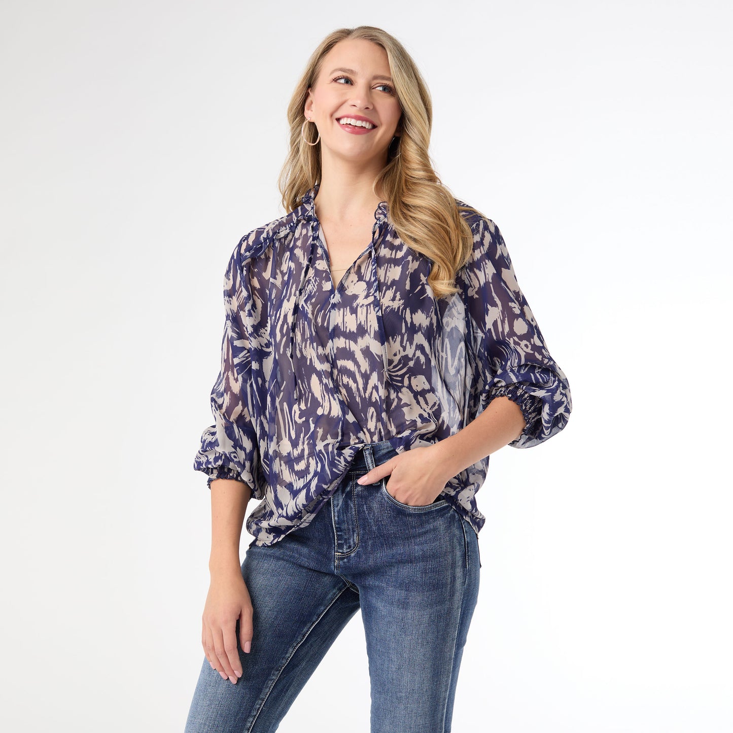 Ravenna Sheer Print V-Neck Blouse - Indigo S/M