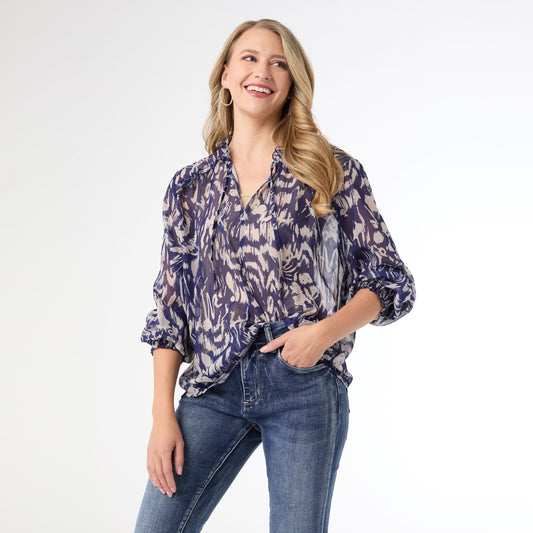 Ravenna Sheer Print V-Neck Blouse - Indigo XXL