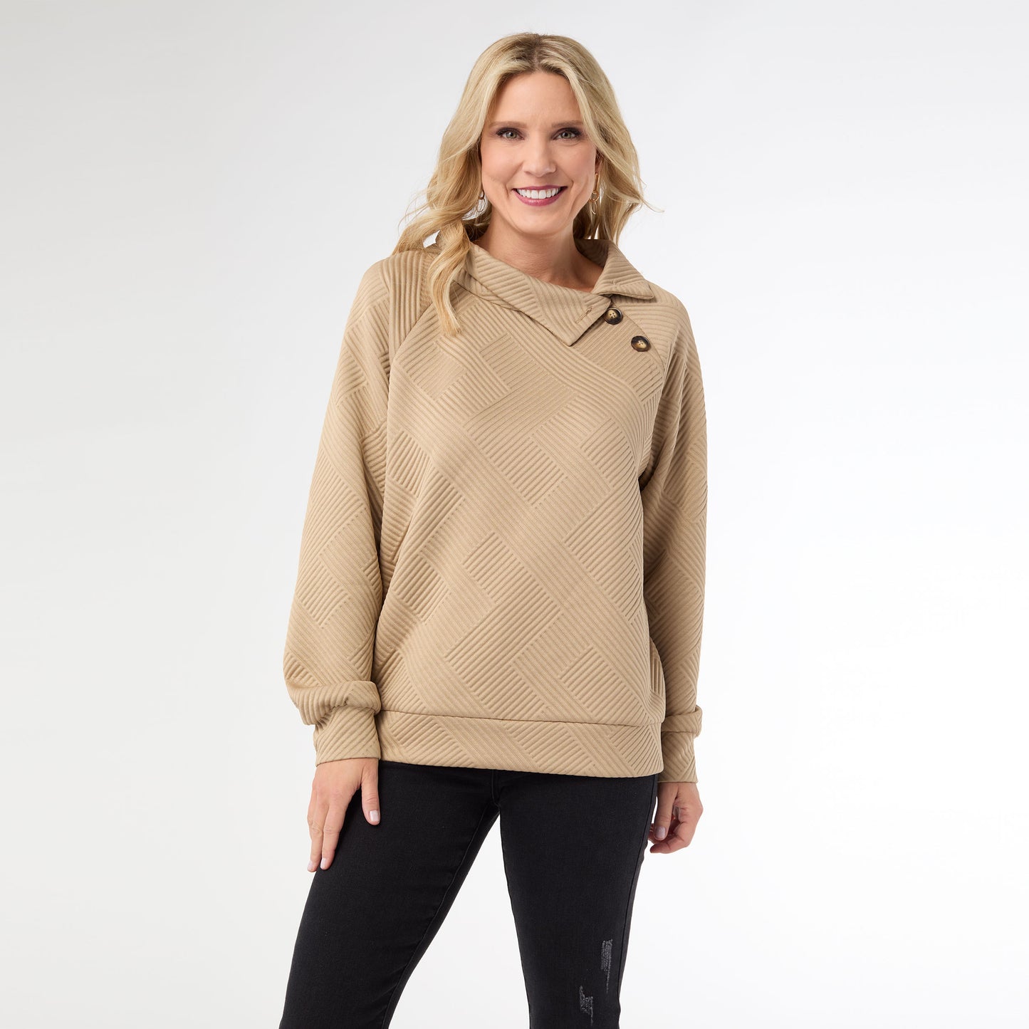 Phoenix Quilted Button Mock Neck Top - Taupe