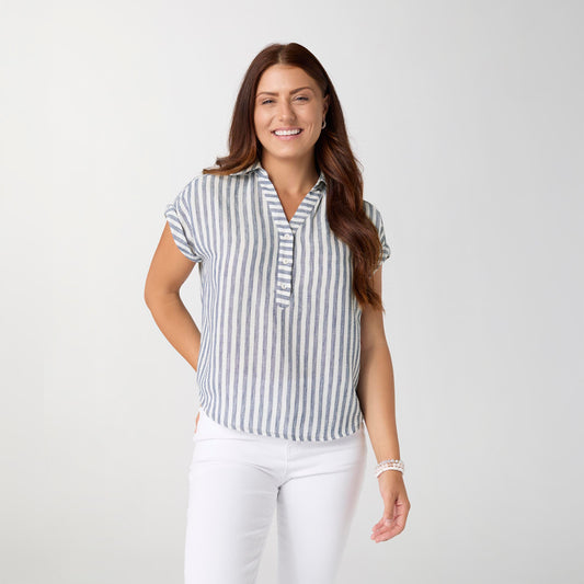L/XL - Reagan Cap Sleeve Striped Collared Top...