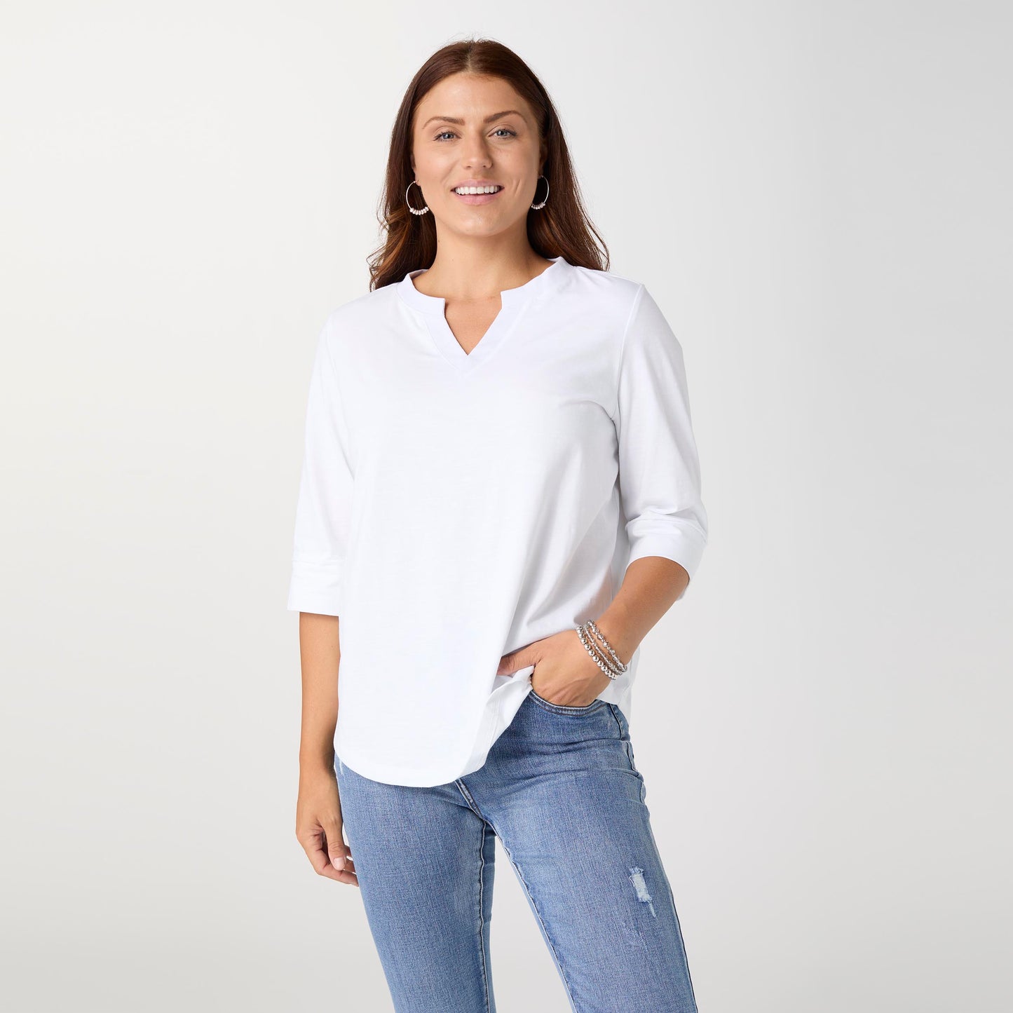 Saylor Notch Neck Elbow Sleeve Top - White L/XL