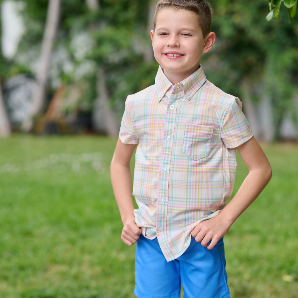 Sugar Bee Clothing - Boys Spring Short Sleeve Button Down - Henry Easter Plaid