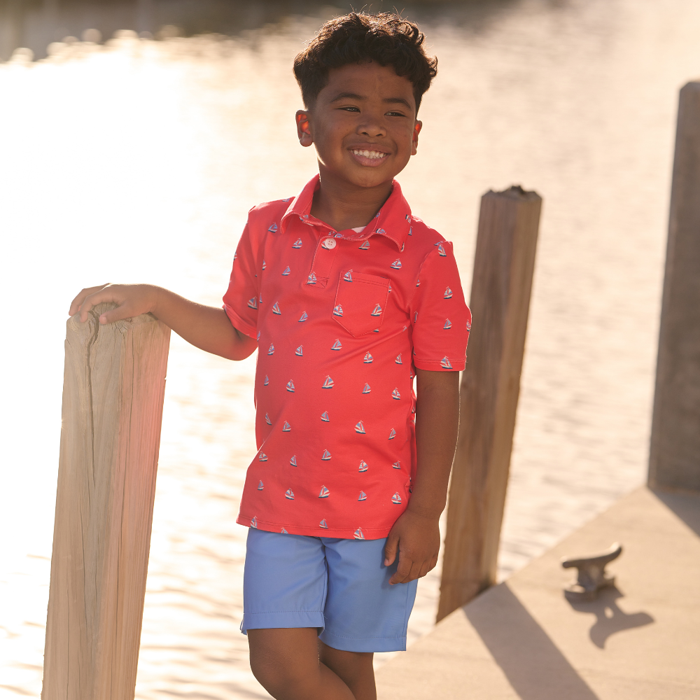 Sugar Bee Clothing - Boys Summer Shirt - Davis Pocket Polo - Sailboats