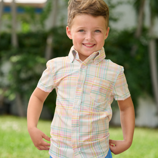 Sugar Bee Clothing - Boys Spring Short Sleeve Button Down - Henry Easter Plaid