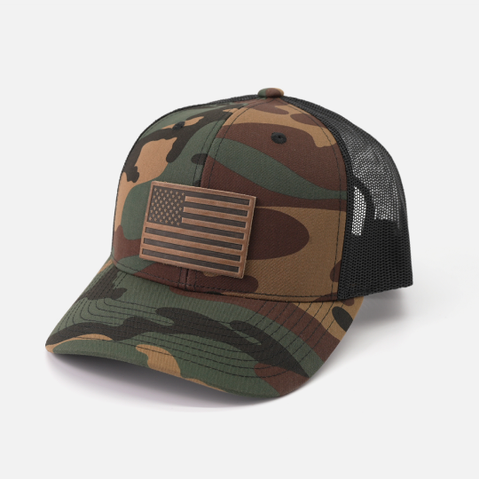 Range Leather Co. - American Flag Hat - Leather Patch Trucker Snapback