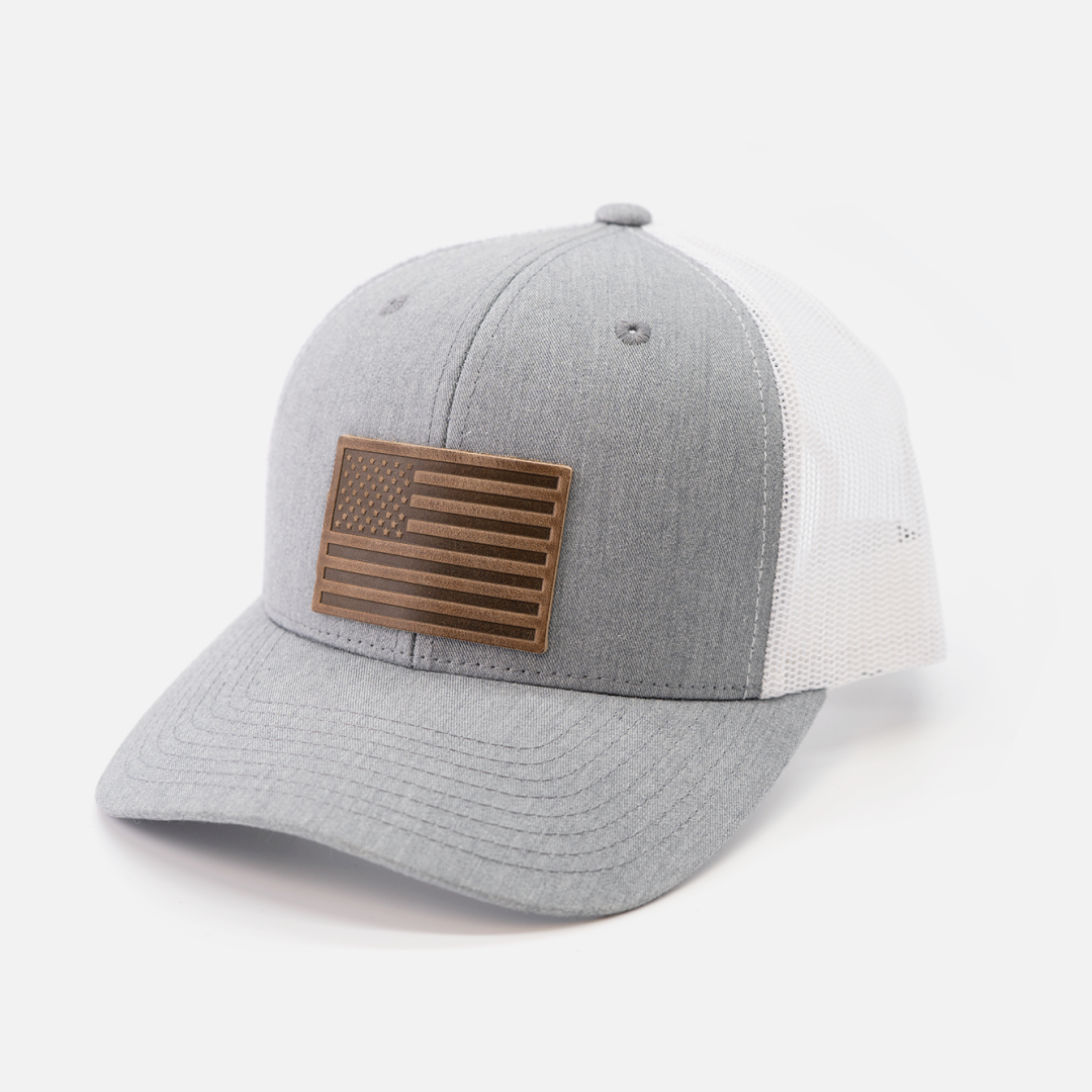 Range Leather Co. - American Flag Hat - Leather Patch Trucker Snapback