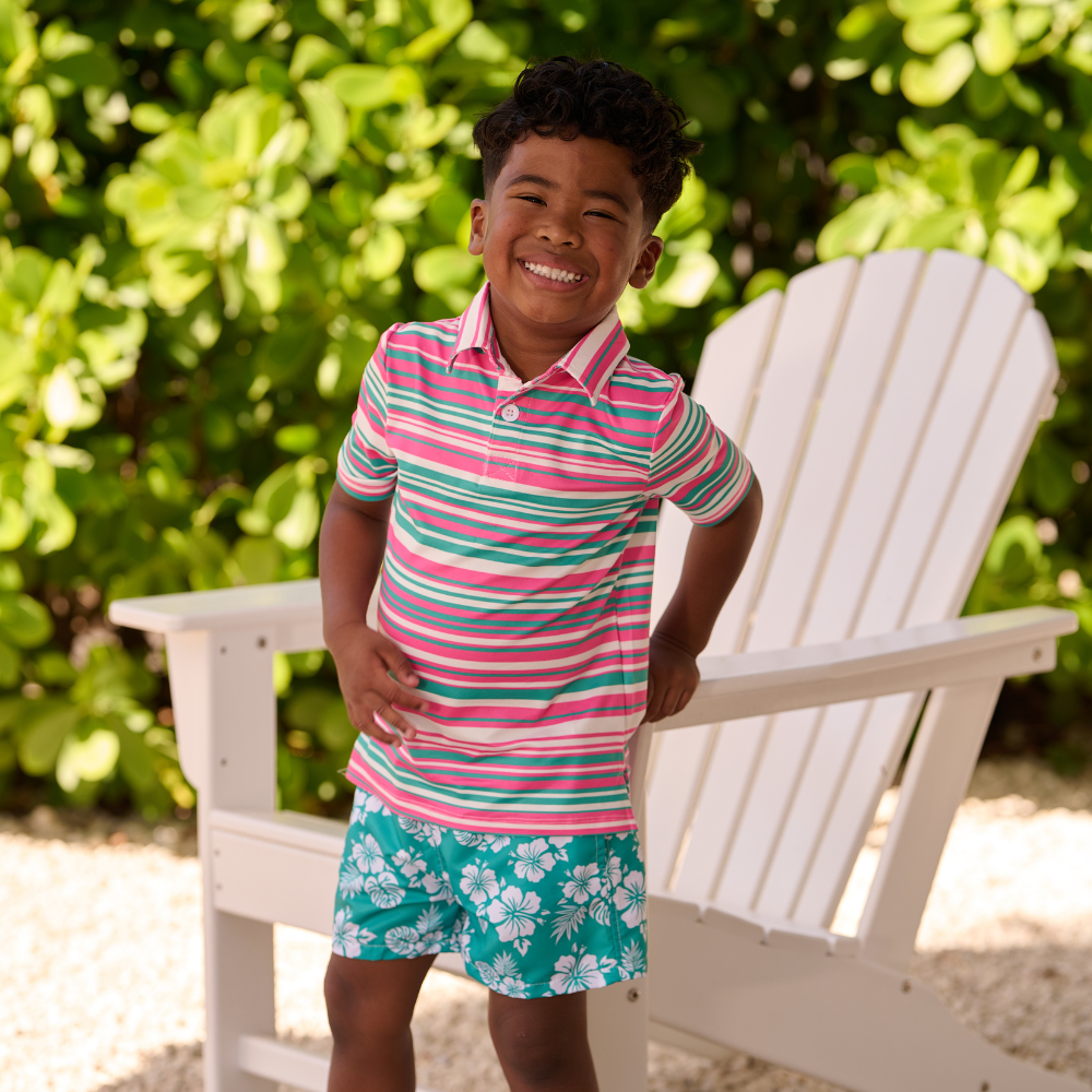 Sugar Bee Clothing - Boys Summer Shirt - Davis Pocket Polo - Palm Spring Stripe