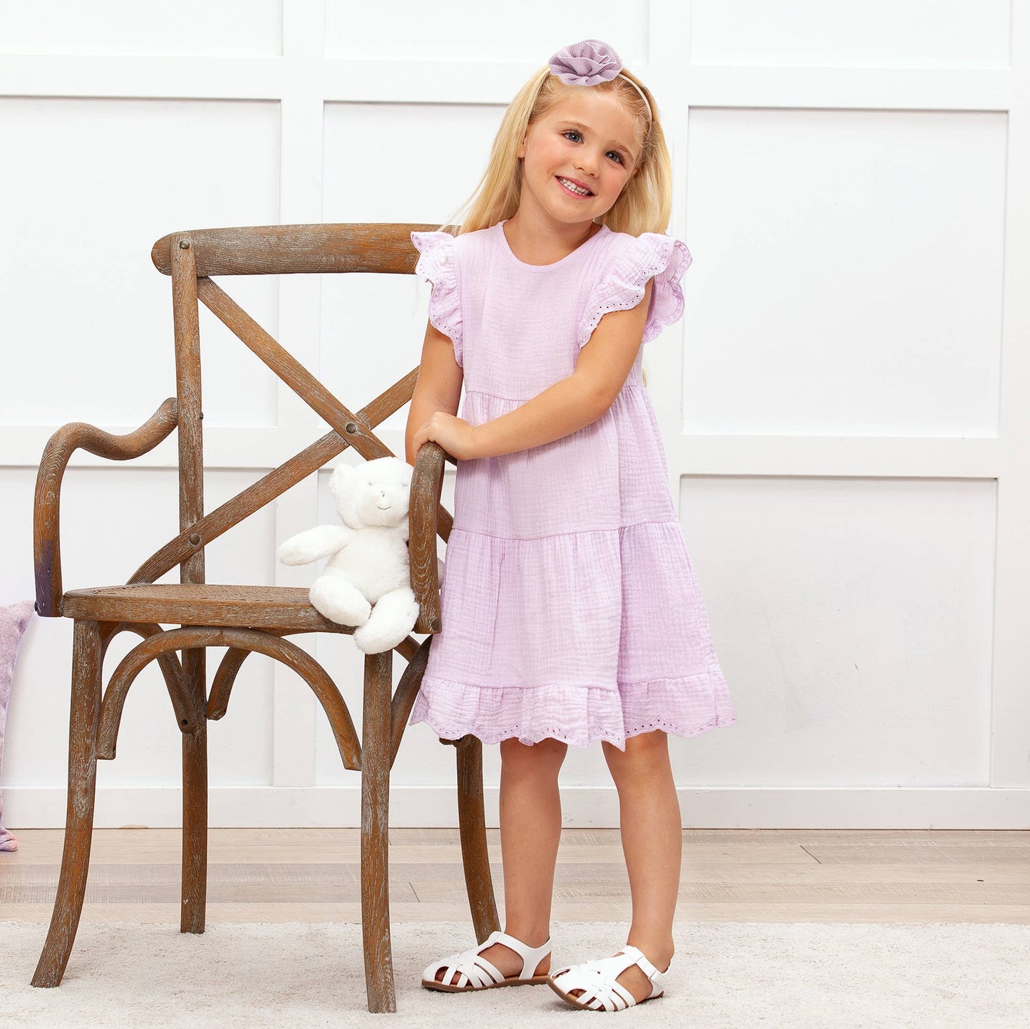 Tesa Babe - Lavender Eyelet Flutter Sleeve Gauze Dress