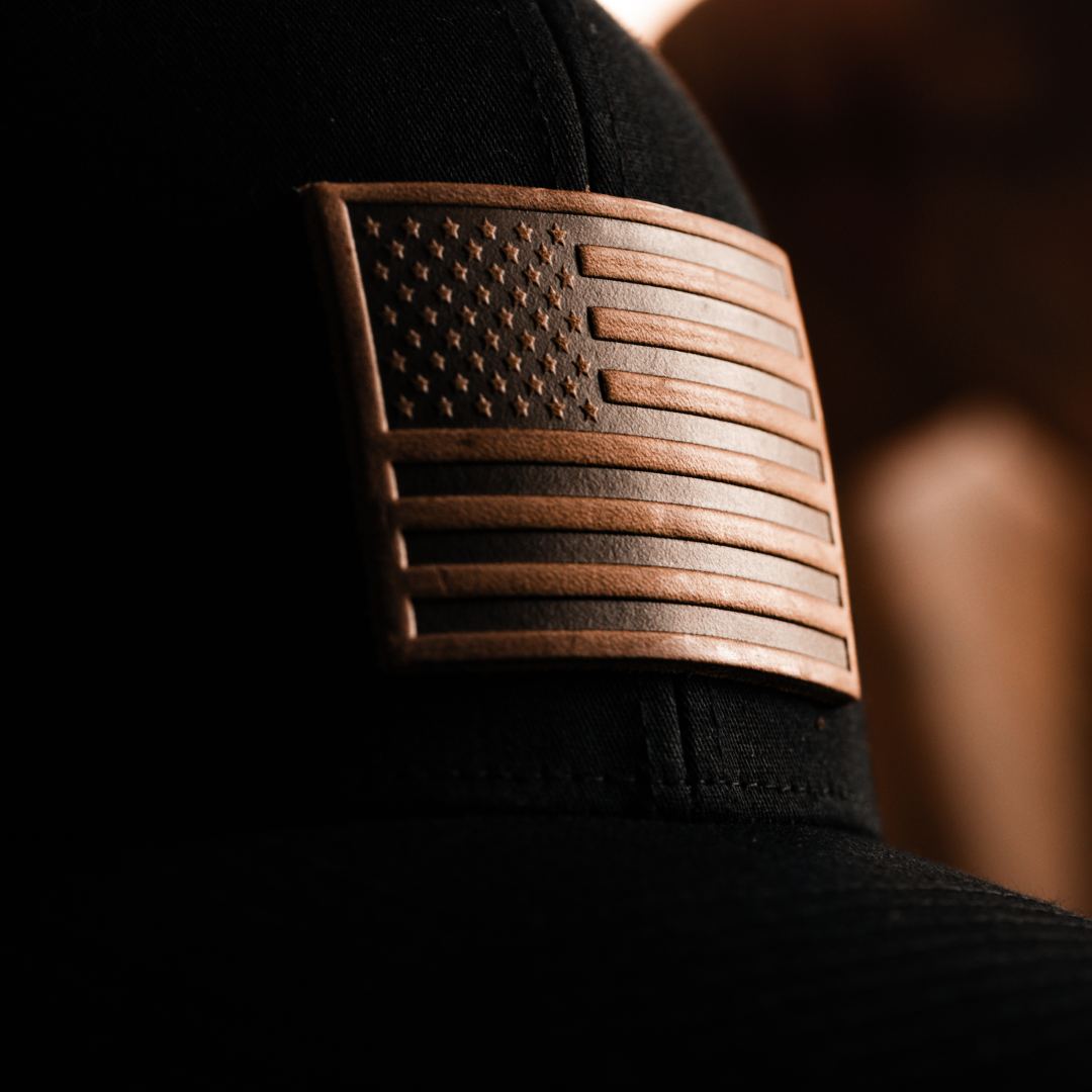 Range Leather Co. - American Flag Hat - Leather Patch Trucker Snapback