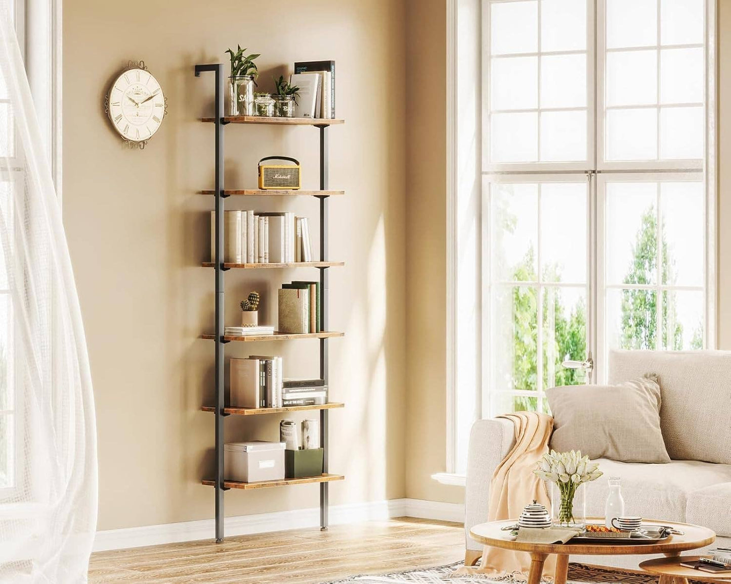 ShipItFurniture - 6-Tier Ladder Shelf, 87 Inches Wall Mounted Ladder Bookshelf with Metal Frame, Open Industrial Shelves for Home Office, Bedroom and Living Room, Rustic Brown