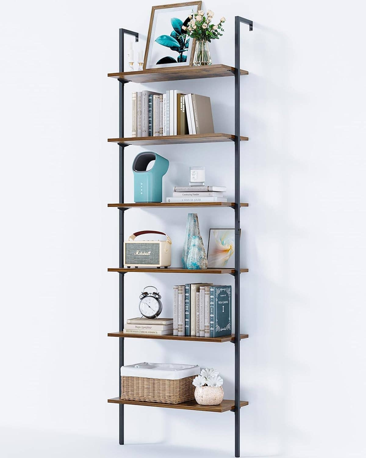 ShipItFurniture - 6-Tier Ladder Shelf, 87 Inches Wall Mounted Ladder Bookshelf with Metal Frame, Open Industrial Shelves for Home Office, Bedroom and Living Room, Rustic Brown