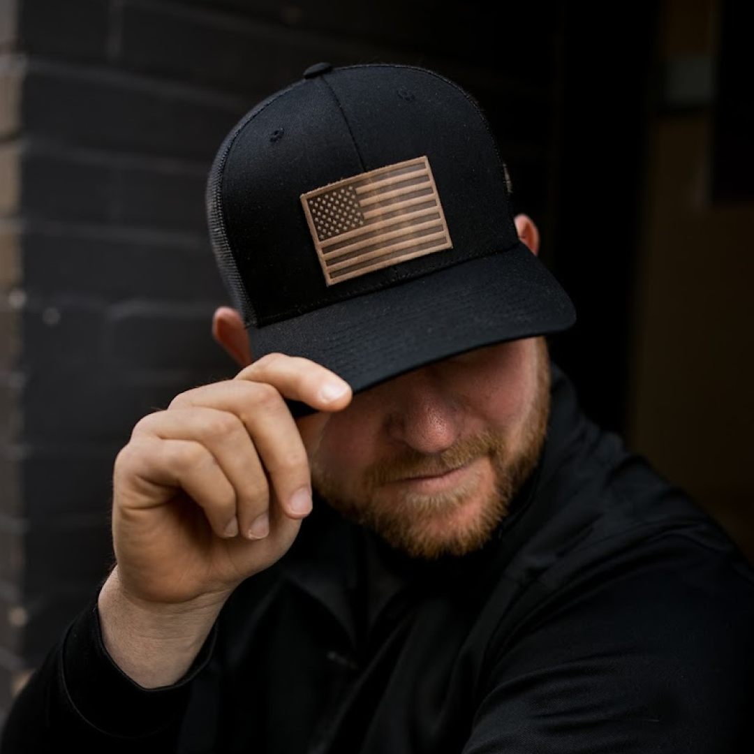 Range Leather Co. - American Flag Hat - Leather Patch Trucker Snapback