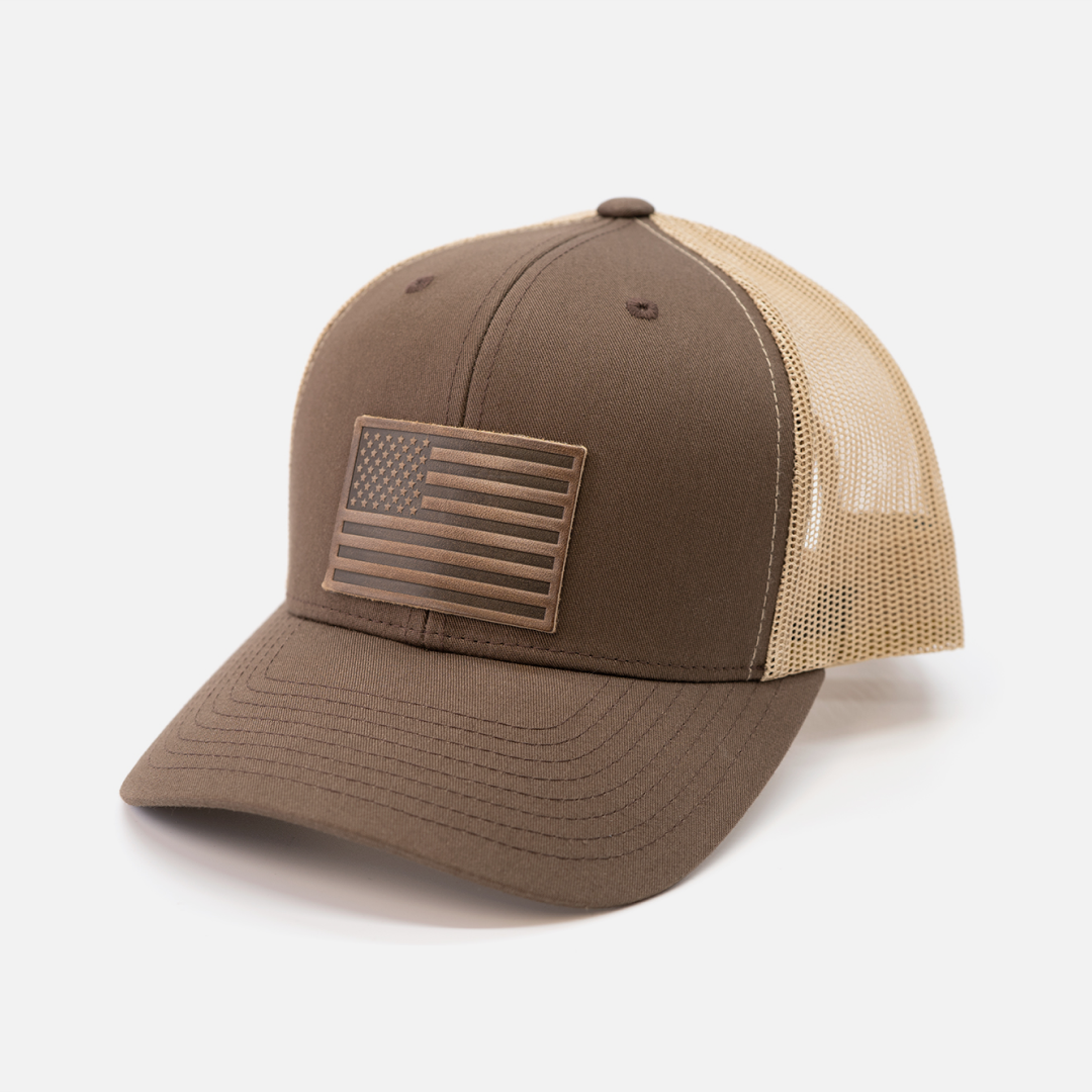 Range Leather Co. - American Flag Hat - Leather Patch Trucker Snapback