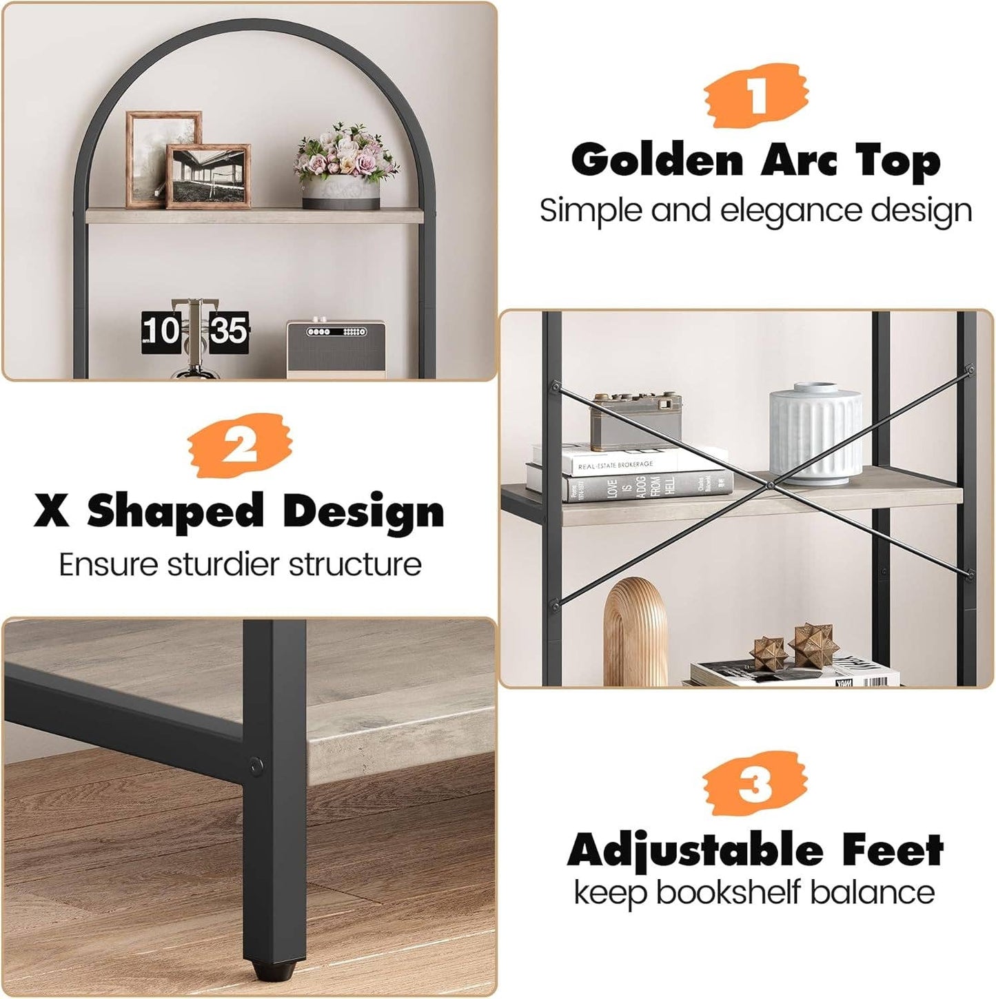 ShipItFurniture - Bookshelf 5 Tier Bookcase Arched Display Racks Tall Standing Bookshelves Metal Frame Modern Storage Rack Shelf Large Wood Book Shelf for Bedroom, Living Room, Home Office