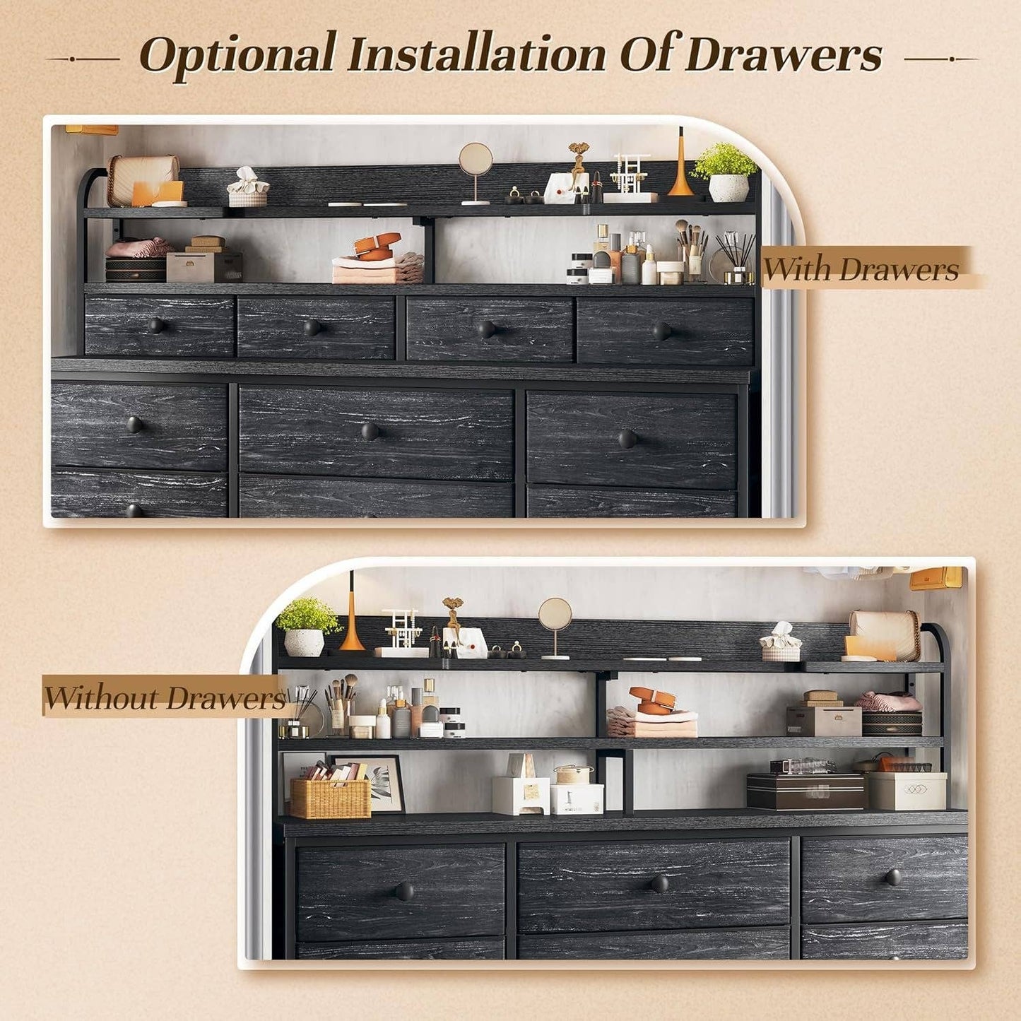 ShipItFurniture - 51.2" W Black Dresser with 13 Drawers and LED Lights, Black Dresser for Bedroom with Fabric Drawer, Long Dressers & Chests of Drawers, Dresser for Bedroom with Shelves for Closet