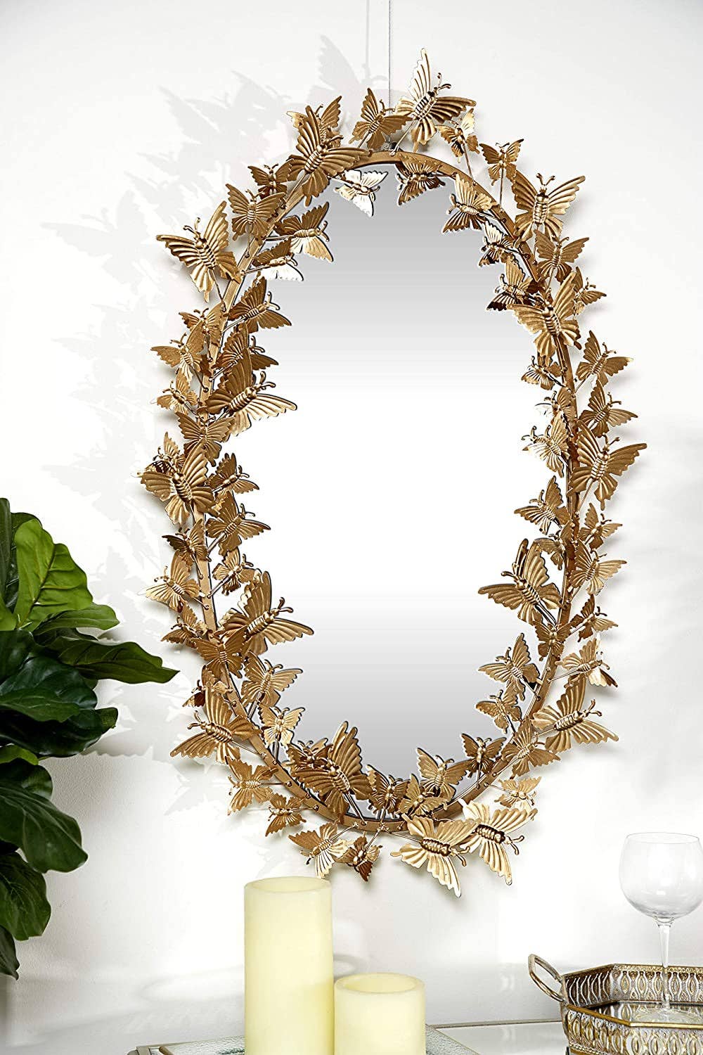 ShipItFurniture - Golden Metal Butterfly Oval 3D Wall Mirror, 19 X 5 X 33