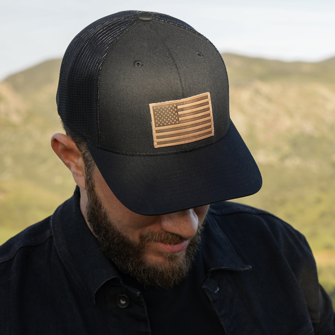Range Leather Co. - American Flag Hat - Leather Patch Trucker Snapback