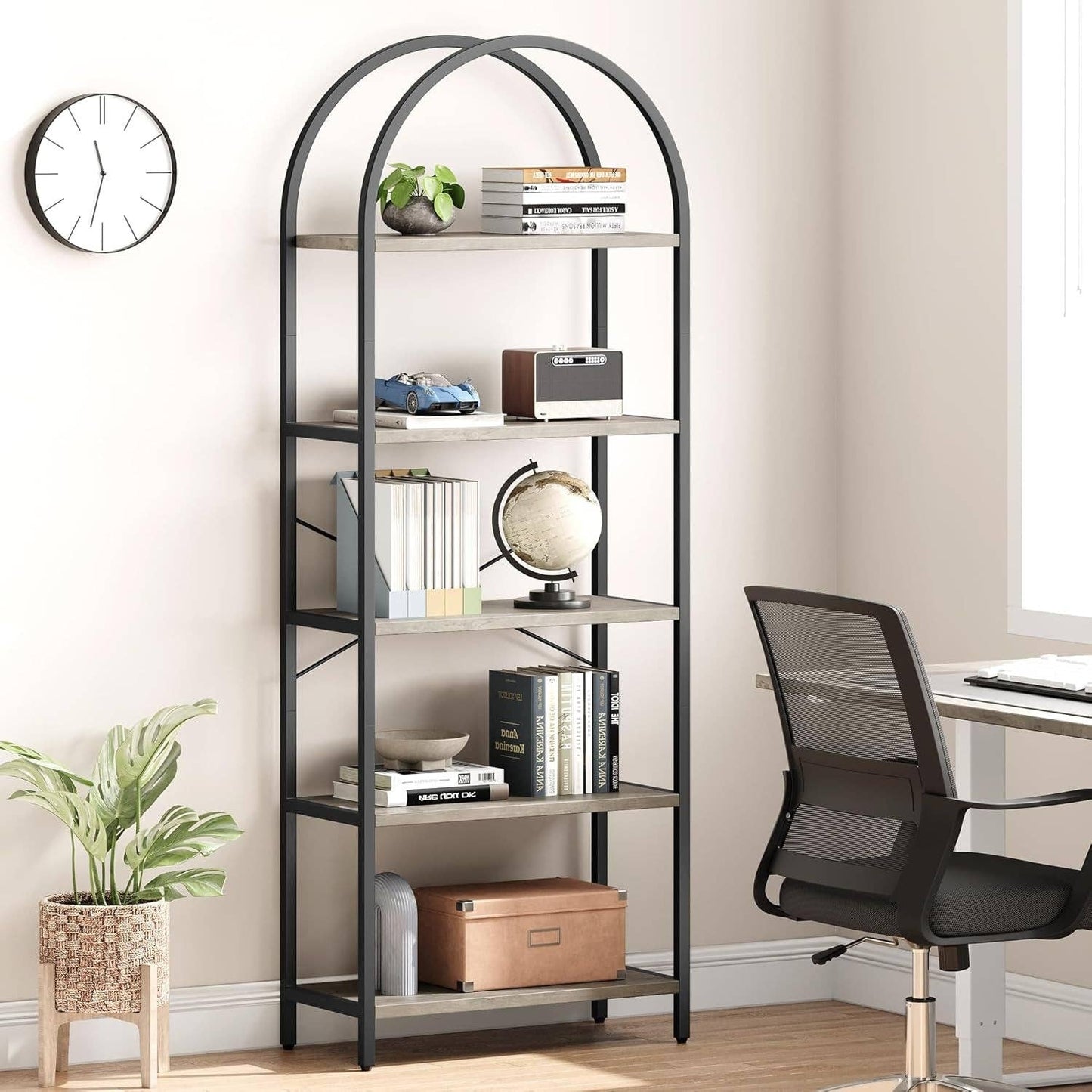 ShipItFurniture - Bookshelf 5 Tier Bookcase Arched Display Racks Tall Standing Bookshelves Metal Frame Modern Storage Rack Shelf Large Wood Book Shelf for Bedroom, Living Room, Home Office