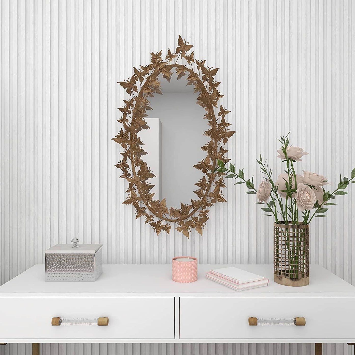 ShipItFurniture - Golden Metal Butterfly Oval 3D Wall Mirror, 19 X 5 X 33
