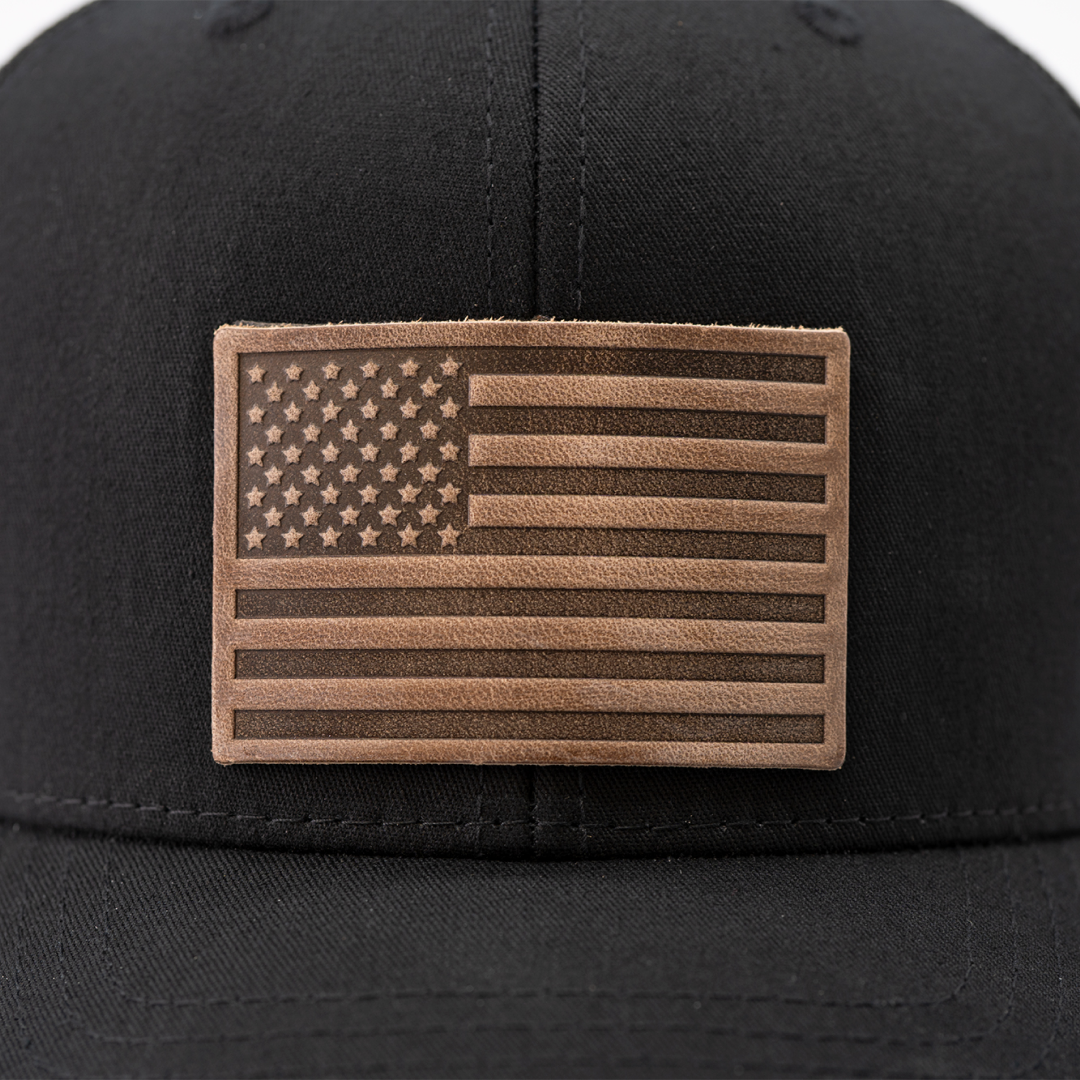 Range Leather Co. - American Flag Hat - Leather Patch Trucker Snapback