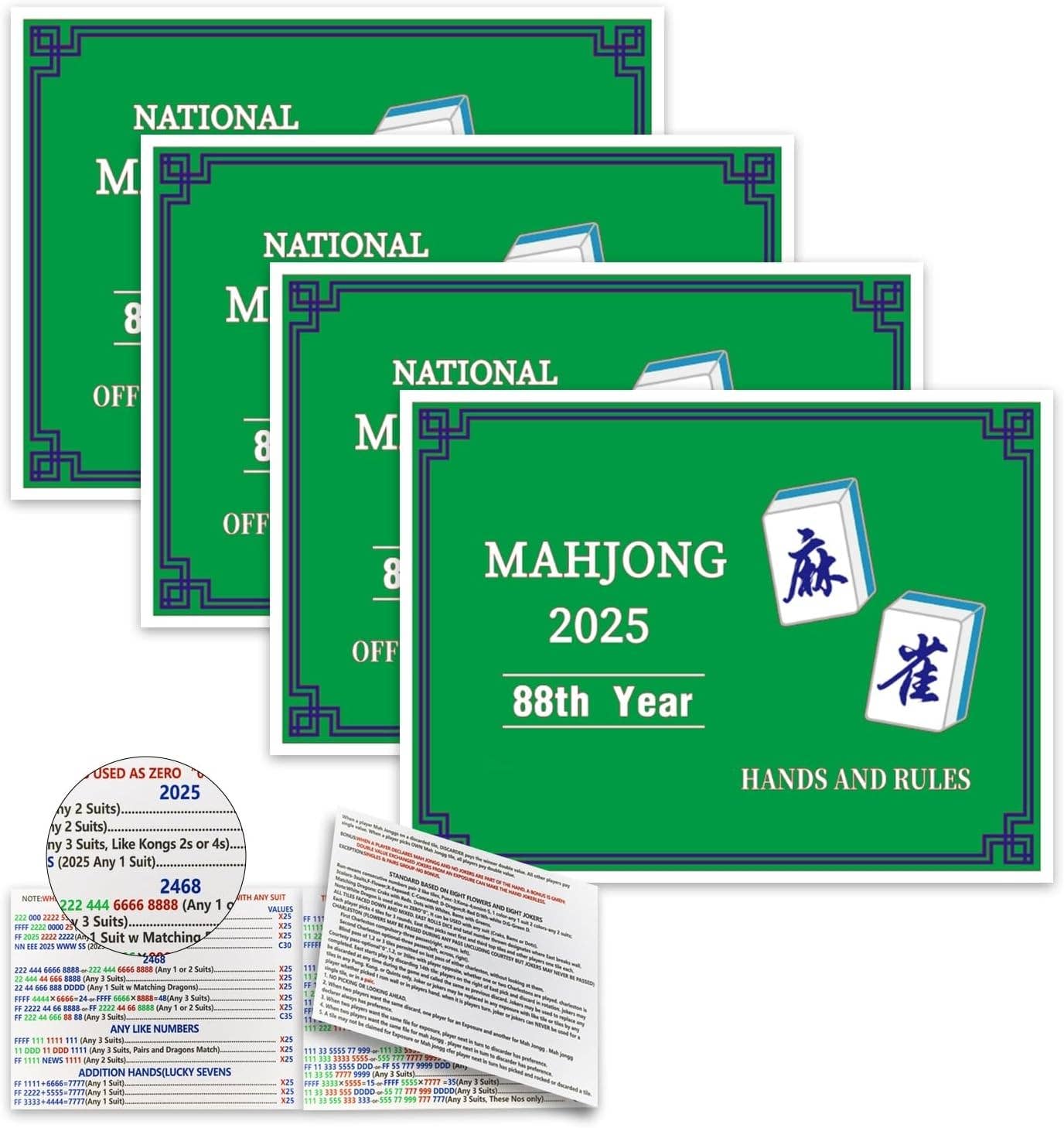 Cykapu - Recreational 2025 Mahjong Hands and Rules Cards, 4 Pcs，Mahjong Rule Card,Mahjong Card
